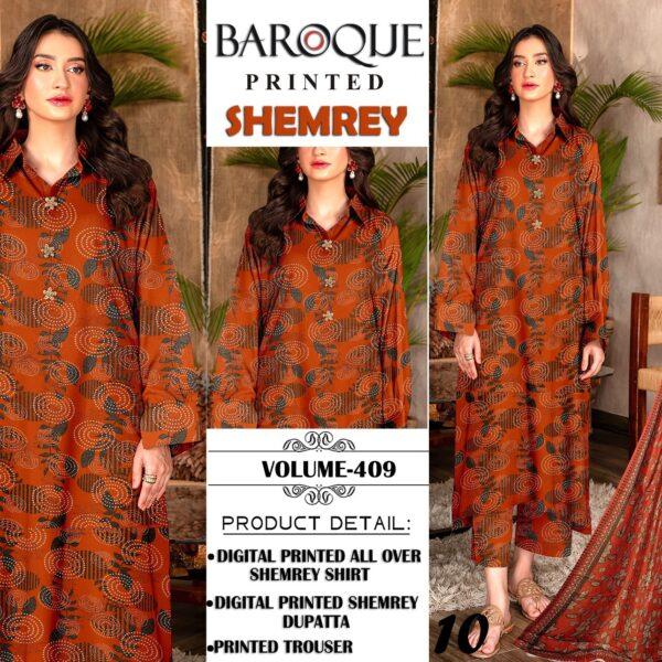 VOLUME-409 BAROQUE PRINTED SHEMREY DIGITAL PRINTED 3 PIECE SUIT WOMEN COLLECTION DESIGN NO 10