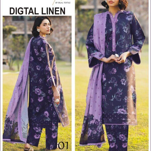 401 Vol ALIZEH DIGTAL PRINTED LINEN 3PC SUIT LINEN FABRIC WOMEN COLLECTION DESIGN NO 1
