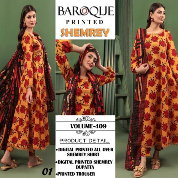 VOLUME-409 BAROQUE PRINTED SHEMREY DIGITAL PRINTED 3 PIECE SUIT WOMEN COLLECTION DESIGN NO 1
