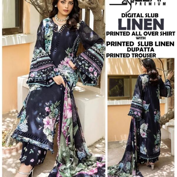 VOLUME-407 ELAF PREMIUM DIGITAL PRINTED SLUB LINEN 3 PIECE DRESSES LINEN FABRIC WOMEN COLLECTION DESIGN NO 1