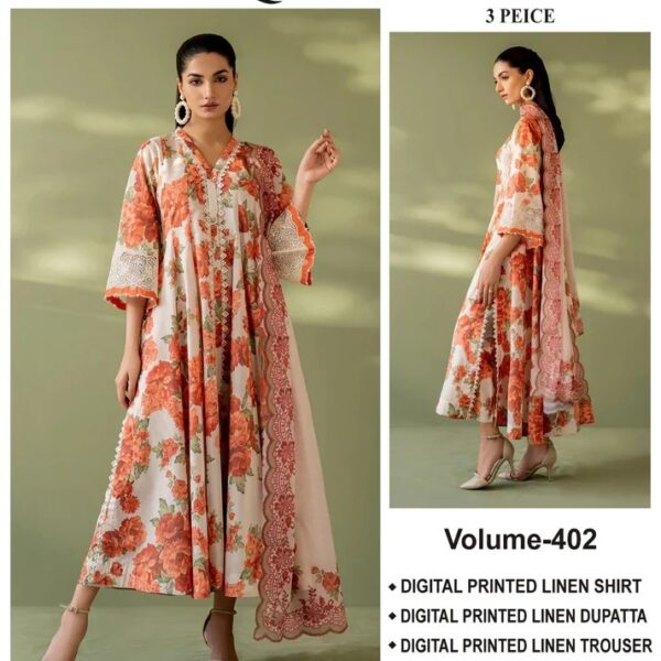 Vol-402 Baroque LINEN 3PC 2025-26 Digital Printed 3PC Linen Suit Women Collection Design No 1