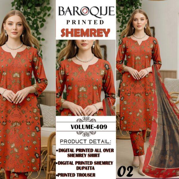 VOLUME-409 BAROQUE PRINTED SHEMREY DIGITAL PRINTED 3 PIECE SUIT WOMEN COLLECTION DESIGN NO 2