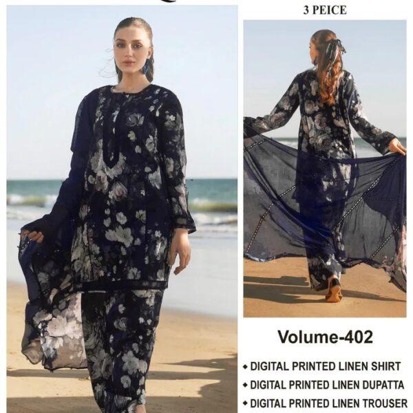 Vol-402 Baroque LINEN 3PC 2025-26 Digital Printed 3PC Linen Suit Women Collection Design No 2