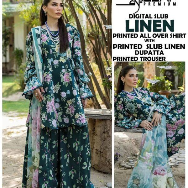 VOLUME-407 ELAF PREMIUM DIGITAL PRINTED SLUB LINEN 3 PIECE DRESSES LINEN FABRIC WOMEN COLLECTION DESIGN NO 2