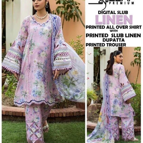 VOLUME-407 ELAF PREMIUM DIGITAL PRINTED SLUB LINEN 3 PIECE DRESSES LINEN FABRIC WOMEN COLLECTION DESIGN NO 3