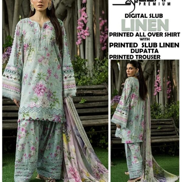 VOLUME-407 ELAF PREMIUM DIGITAL PRINTED SLUB LINEN 3 PIECE DRESSES LINEN FABRIC WOMEN COLLECTION DESIGN NO 4