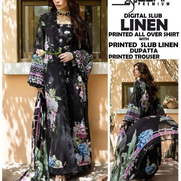 VOLUME-407 ELAF PREMIUM DIGITAL PRINTED SLUB LINEN 3 PIECE DRESSES LINEN FABRIC WOMEN COLLECTION DESIGN NO 5