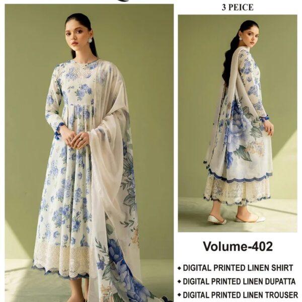 Vol-402 Baroque LINEN 3PC 2025-26 Digital Printed 3PC Linen Suit Women Collection Design No 5