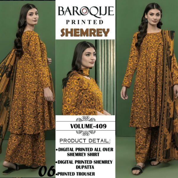 VOLUME-409 BAROQUE PRINTED SHEMREY DIGITAL PRINTED 3 PIECE SUIT WOMEN COLLECTION DESIGN NO 6