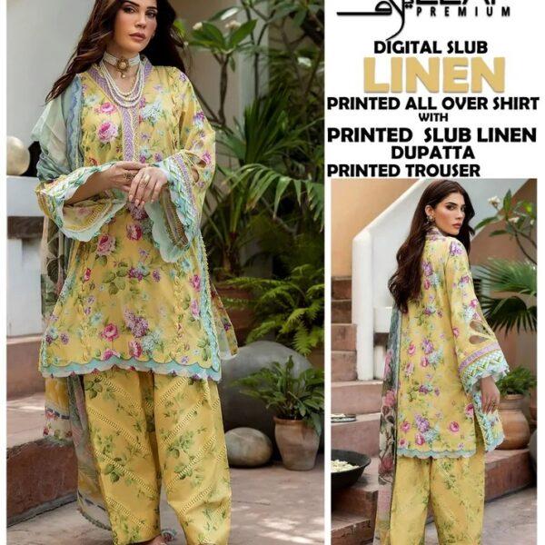 VOLUME-407 ELAF PREMIUM DIGITAL PRINTED SLUB LINEN 3 PIECE DRESSES LINEN FABRIC WOMEN COLLECTION DESIGN NO 7