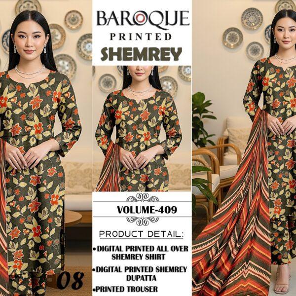 VOLUME-409 BAROQUE PRINTED SHEMREY DIGITAL PRINTED 3 PIECE SUIT WOMEN COLLECTION DESIGN NO 8