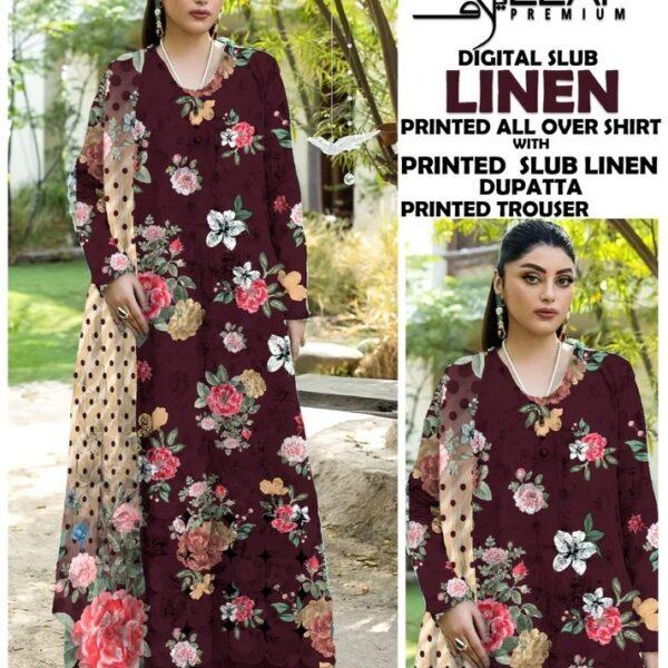 VOLUME-407 ELAF PREMIUM DIGITAL PRINTED SLUB LINEN 3 PIECE DRESSES LINEN FABRIC WOMEN COLLECTION DESIGN NO 8