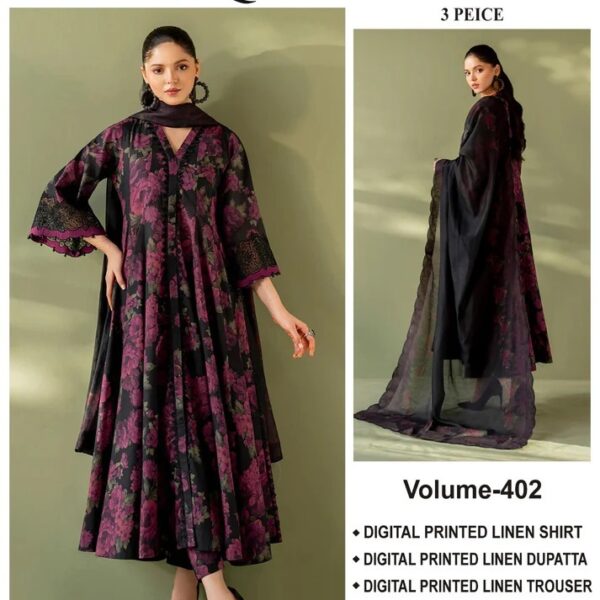 Vol-402 Baroque LINEN 3PC 2025-26 Digital Printed 3PC Linen Suit Women Collection Design No 9