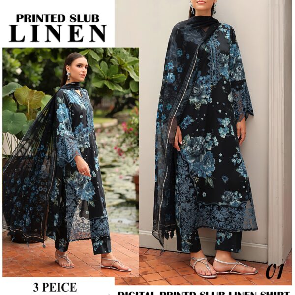 415-Volume Baroque Printed Slub Linen 3 Pc Suit Women Collection Design No 1