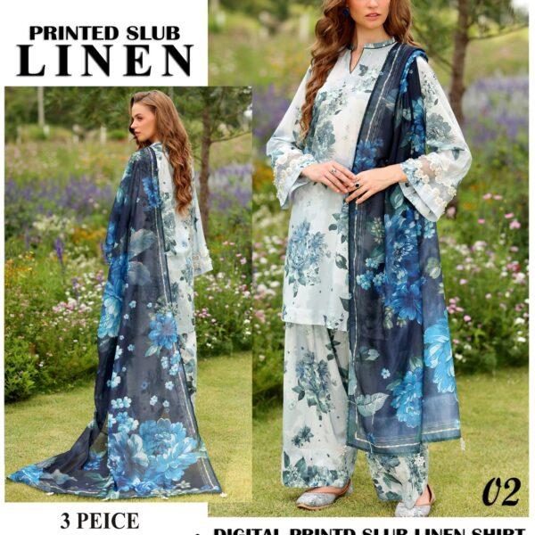 415-Volume Baroque Printed Slub Linen 3 Pc Suit Women Collection Design No 2