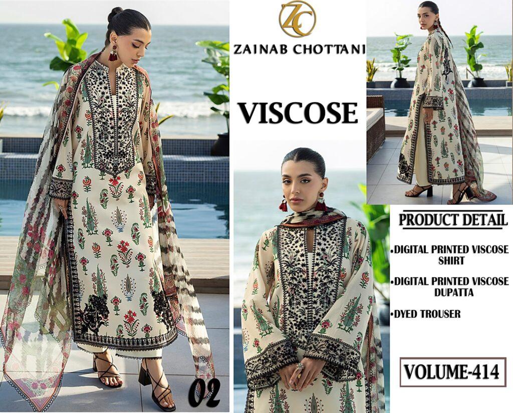 Volume 414 – Zainab Chottani Viscose Digital Printed 3 Piece Dress – Design No. 02