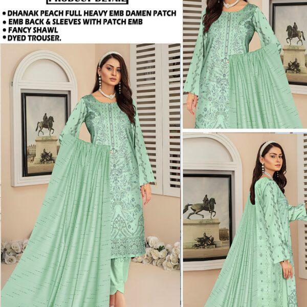 Vol-412 Tawakkal Slub Dhanak Embroidered 3PC Dresses Women Collection Design No 3