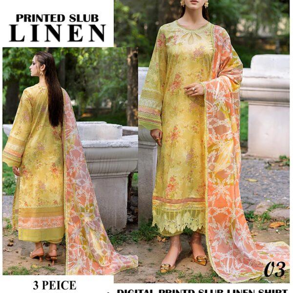 415-Volume Baroque Printed Slub Linen 3 Pc Suit Women Collection Design No 3