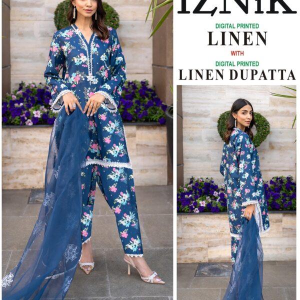 VOL 403 IZNIK LINEN 3PC Digital Printed 3PC Linen Suit Women Collection Design No 1