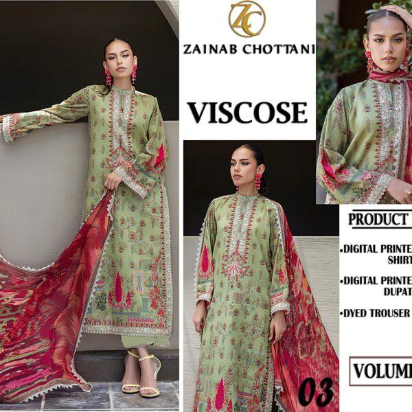 Volume 414 – Zainab Chottani Viscose Digital Printed 3 Piece Dress – Design No. 03