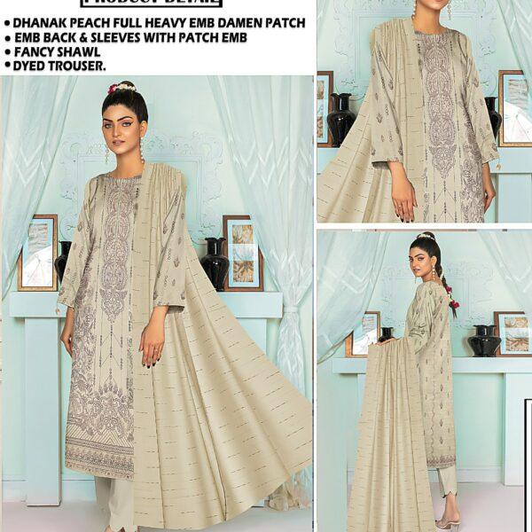 Vol-412 Tawakkal Slub Dhanak Embroidered 3PC Dresses Women Collection Design No 4