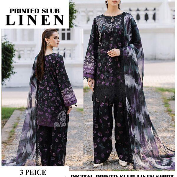 415-Volume Baroque Printed Slub Linen 3 Pc Suit Women Collection Design No 4