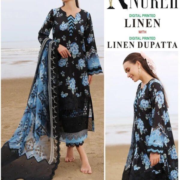 Vol 404 Iznik Nureh Baroque Premium Digital Printed Linen 3 Piece Suit Women Collection Design No 4