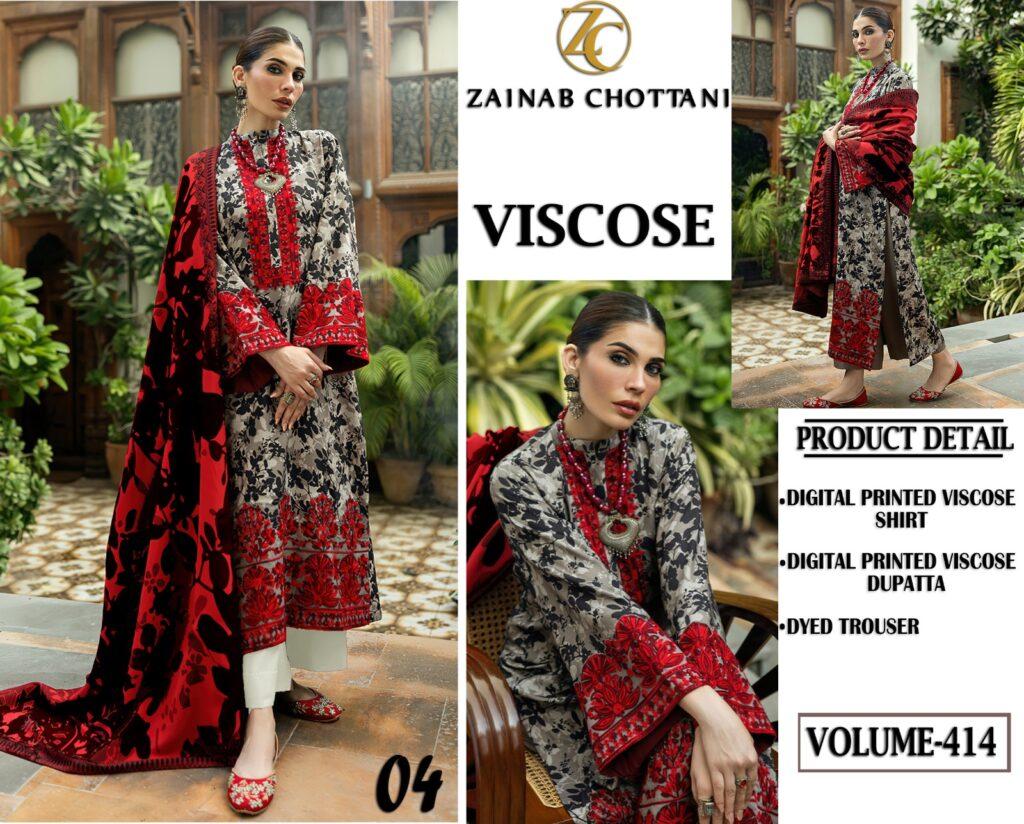 Volume 414 – Zainab Chottani Viscose Digital Printed 3 Piece Dress – Design No. 04