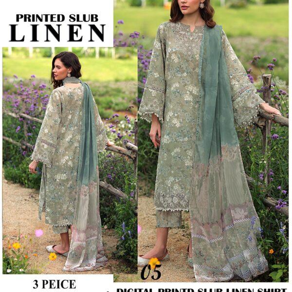 415-Volume Baroque Printed Slub Linen 3 Pc Suit Women Collection Design No 5