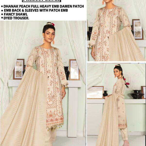 Vol-412 Tawakkal Slub Dhanak Embroidered 3PC Dresses Women Collection Design No 6