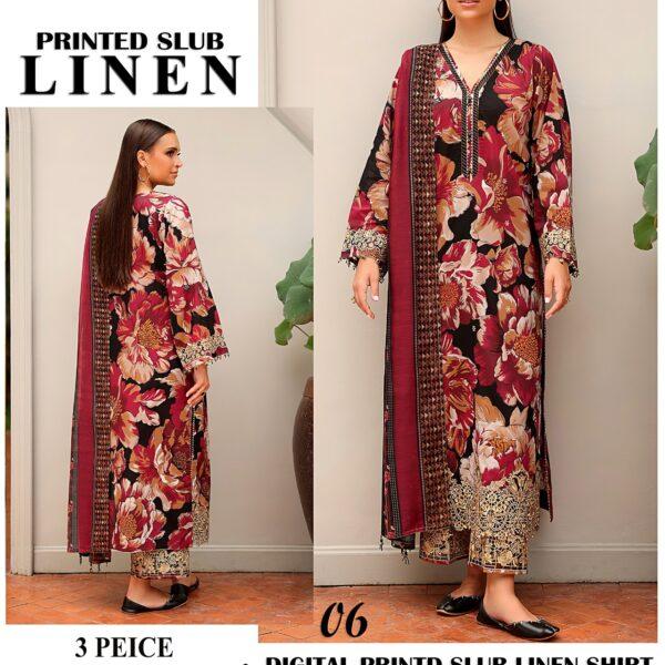 415-Volume Baroque Printed Slub Linen 3 Pc Suit Women Collection Design No 6