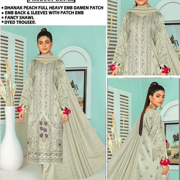 Vol-412 Tawakkal Slub Dhanak Embroidered 3PC Dresses Women Collection Design No 7