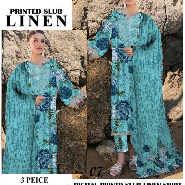 415-Volume Baroque Printed Slub Linen 3 Pc Suit Women Collection Design No 7