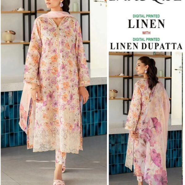 Vol 404 Iznik Nureh Baroque Premium Digital Printed Linen 3 Piece Suit Women Collection Design No 7