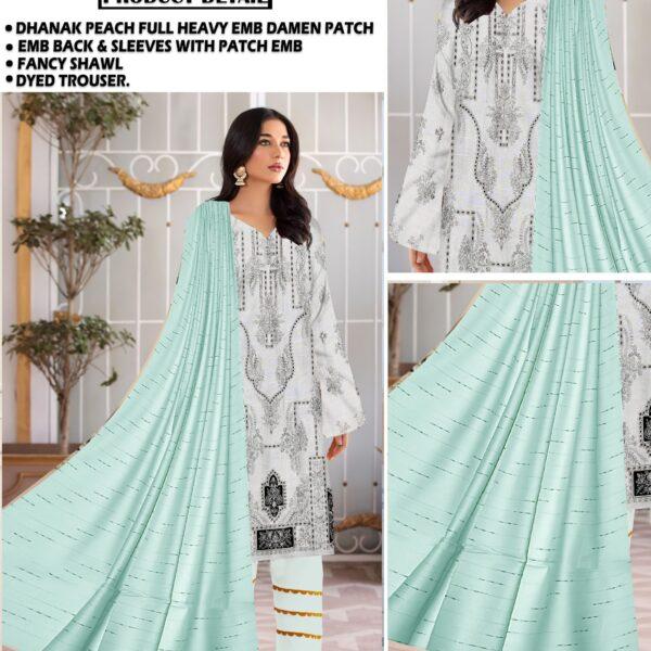 Vol-412 Tawakkal Slub Dhanak Embroidered 3PC Dresses Women Collection Design No 8