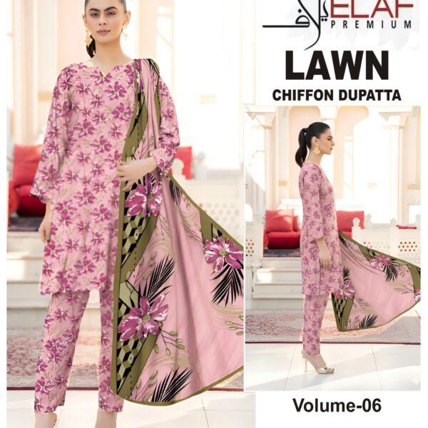 Vol-06 Elaf Premium Printed Lawn 3 Piece Dresses - Women Wear Design No. 13