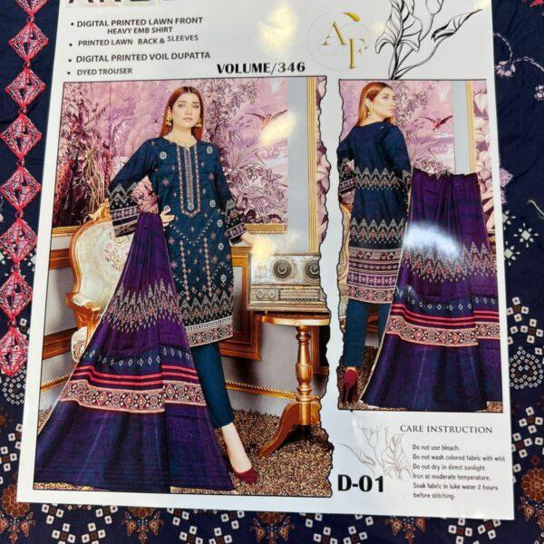 Vol-346 Arooj Fatima Original Brand Embroidered Lawn 3pc Dresses Women Wear - Design No. 1