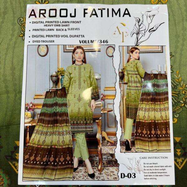 Vol-346 Arooj Fatima Original Brand Embroidered Lawn 3pc Dresses Women Wear - Design No. 3