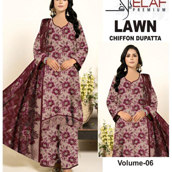 Vol-06 Elaf Premium Printed Lawn 3 Piece Dresses - Women Wear Design No. 4