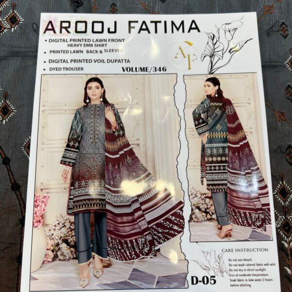 Vol-346 Arooj Fatima Original Brand Embroidered Lawn 3pc Dresses Women Wear - Design No. 5
