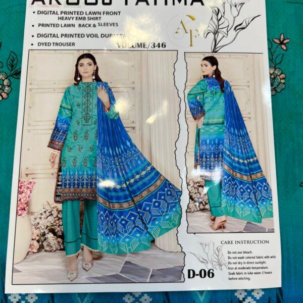 Vol-346 Arooj Fatima Original Brand Embroidered Lawn 3pc Dresses Women Wear - Design No. 6