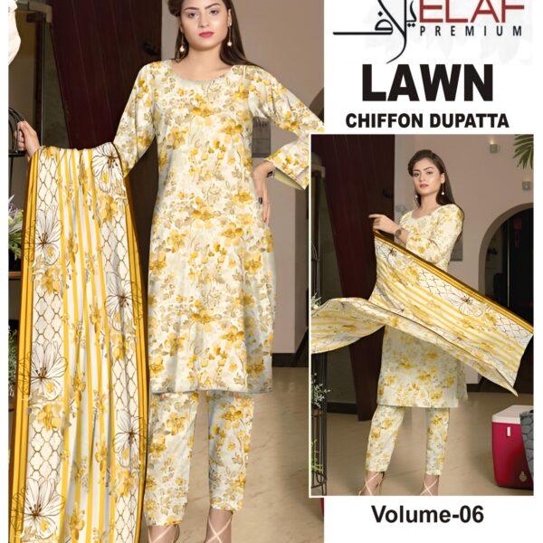 Vol-06 Elaf Premium Printed Lawn 3 Piece Dresses - Women Wear Design No. 7