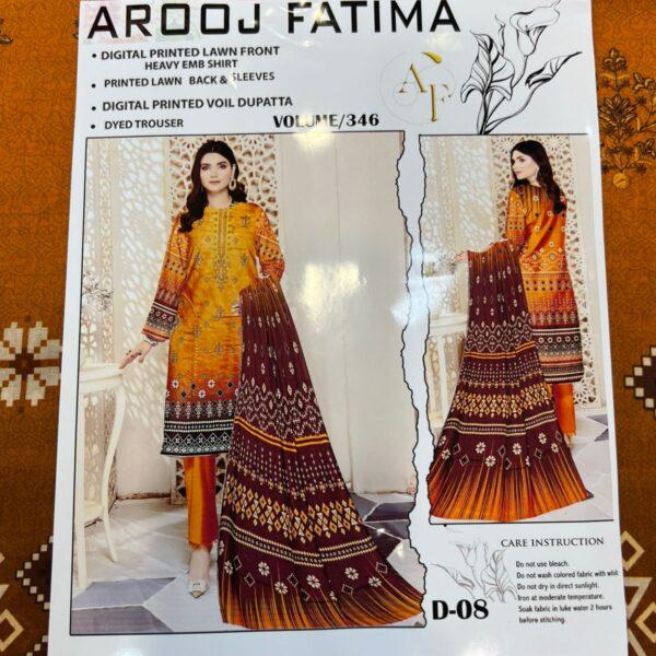 Vol-346 Arooj Fatima Original Brand Embroidered Lawn 3pc Dresses Women Wear - Design No. 8