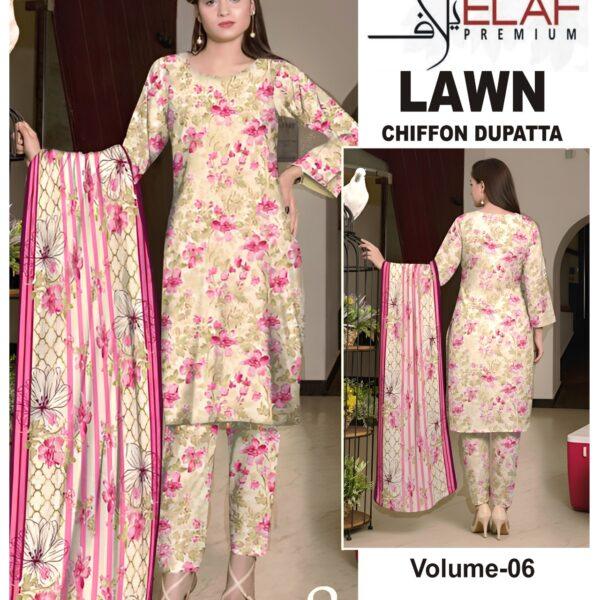 Vol-06 Elaf Premium Printed Lawn 3 Piece Dresses - Women Wear Design No. 8