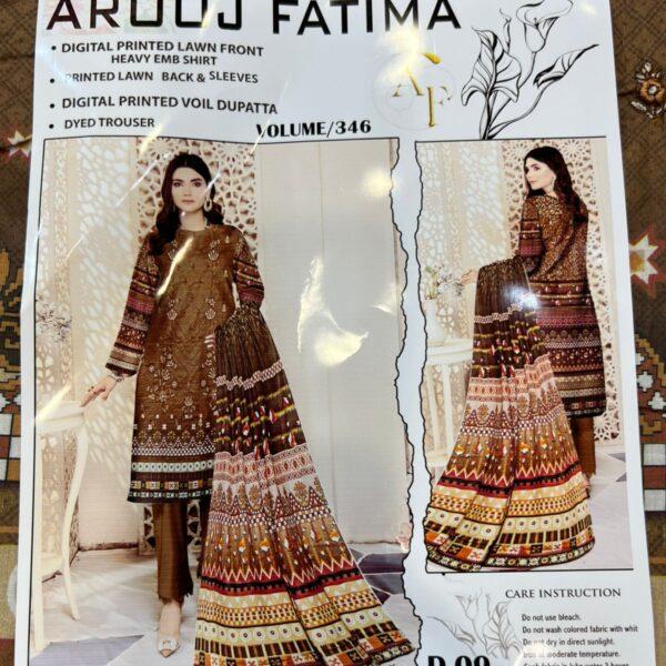Vol-346 Arooj Fatima Original Brand Embroidered Lawn 3pc Dresses Women Wear - Design No. 9