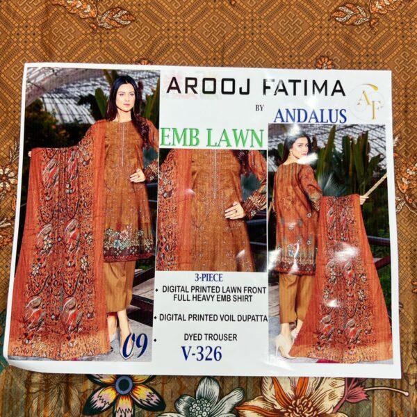 Vol-326 Arooj Fatima Lawn Embroidered 3pc Suits - Women Wear Design No. 9