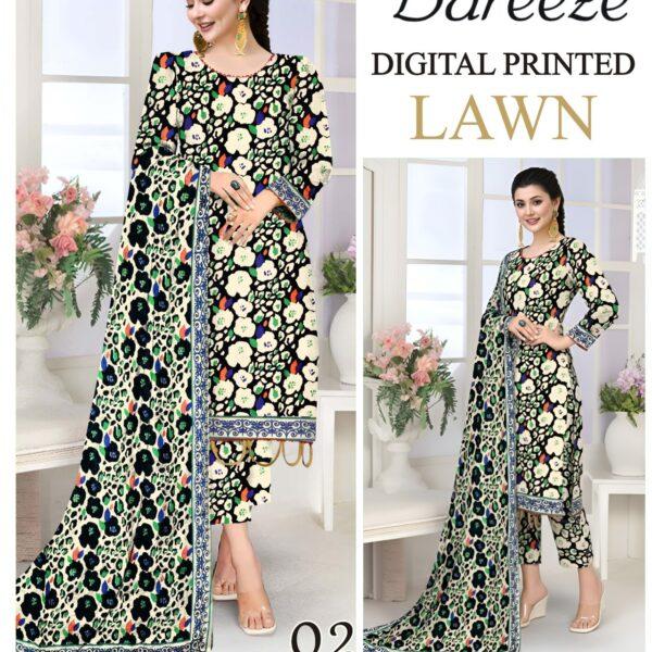 Vol-05 Bareeze Brand Digital Printed Lawn Fabrics 3pc Dresses - Women Wear Design No. 2
