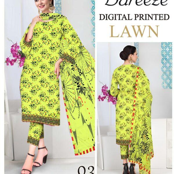 Vol-05 Bareeze Brand Digital Printed Lawn Fabrics 3pc Dresses - Women Wear Design No. 3
