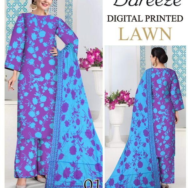 Vol-05 Bareeze Brand Digital Printed Lawn Fabrics 3pc Dresses - Women Wear Design No. 1