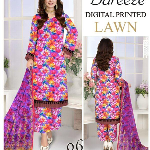 Vol-05 Bareeze Brand Digital Printed Lawn Fabrics 3pc Dresses - Women Wear Design No. 6
